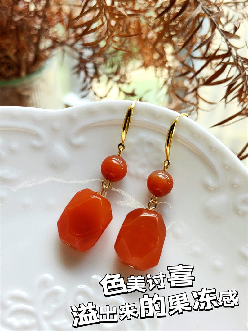 Серьги 稀有原矿保山冰红南红耳环天然红色珠宝复古奢华耳坠蝴蝶纯银耳钩耳环 OTHER
