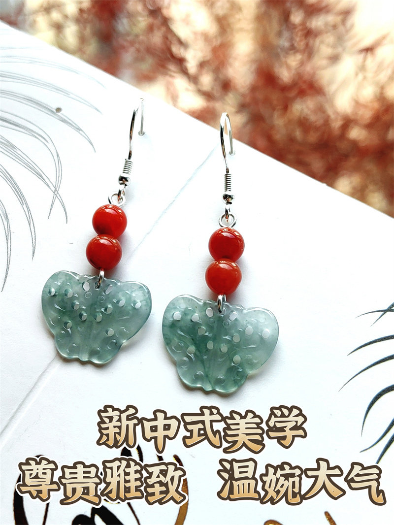 Серьги 天然蓝水翡翠蝴蝶耳环老坑南红耳饰玉石耳坠高级国风中式纯银耳钩耳环
