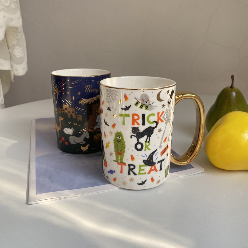 American Surplus Stock, Gold-Plated Ceramic Mug, Large Capacity Water Cup, Halloween-Themed Milk Cup for Home Use
