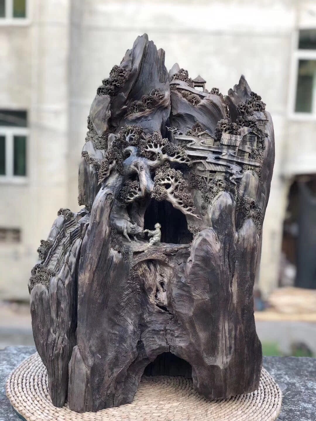 Shady Golden Silk Nanmu Wood Carving Landscape Leisure Farm Solid Wood Pendulum Piece Living Room Genguan Dedicated To Feng Shui Large Floor Root Carving