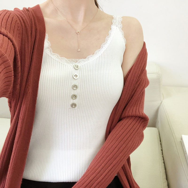 蕾丝小吊带背心女韩版纽扣短款百搭弹力修身针织衫打底衫内搭上衣_英家券