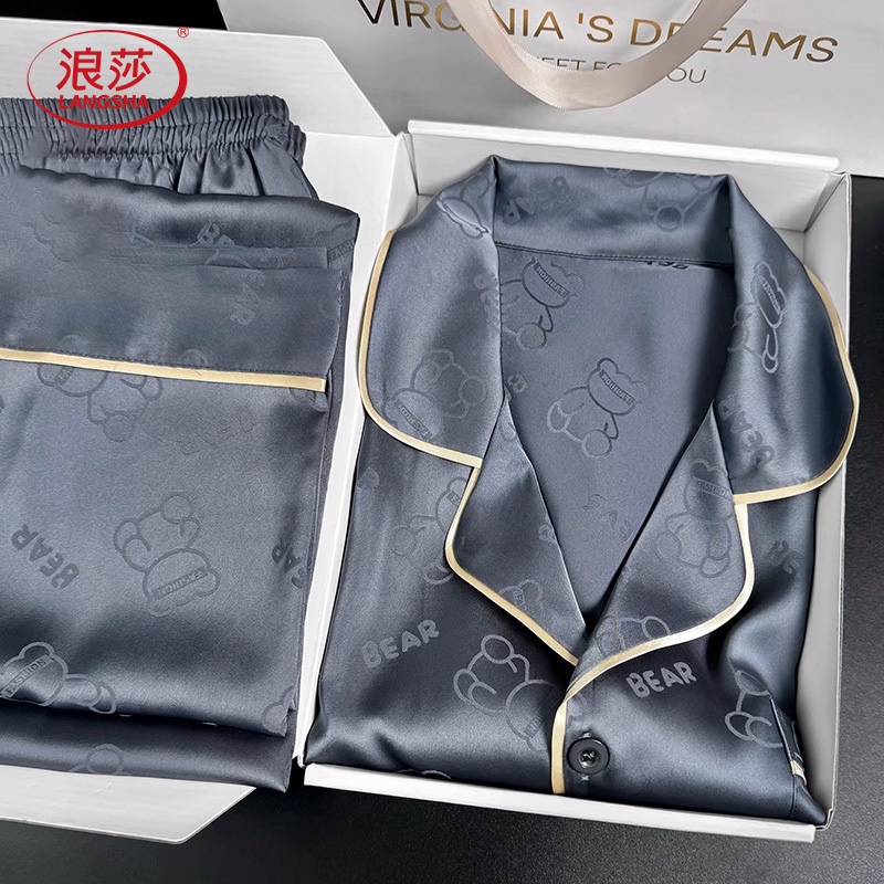 Langsha Pajamas for Men, Spring and Autumn Ice Silk Long-Sleeved New Style, Summer Men's Bear Short-Sleeved Thin Home Wear Set