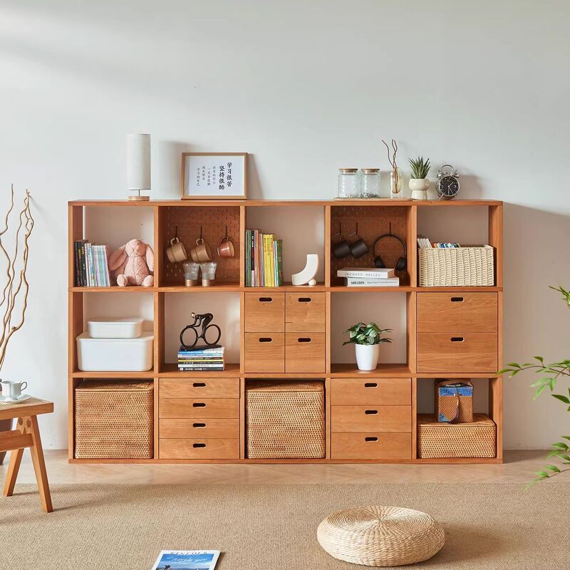 Nordic Solid Wood Cherry Wood Bookshelf Floor-Standing Storage Rack Oak Lattice Cabinet Japanese-Style Home Free Combination Low Bookcase