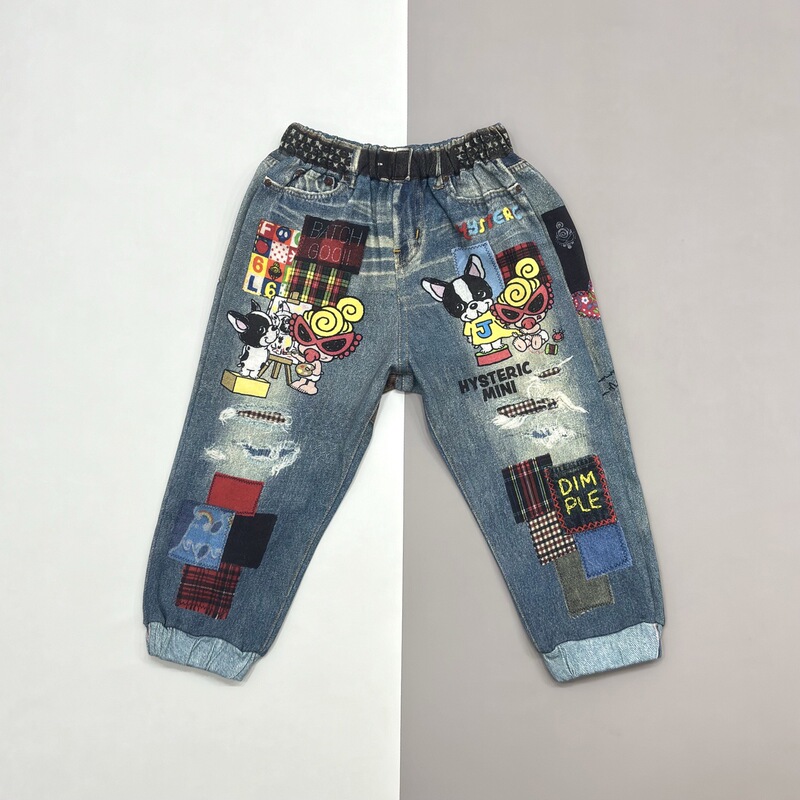 25 Spring and Autumn New High-End Black Super French Bulldog Style Denim-Look Long Pants, Pacifier Denim-Look Pants for Boys and Girls, Pure Cotton Terry Pants