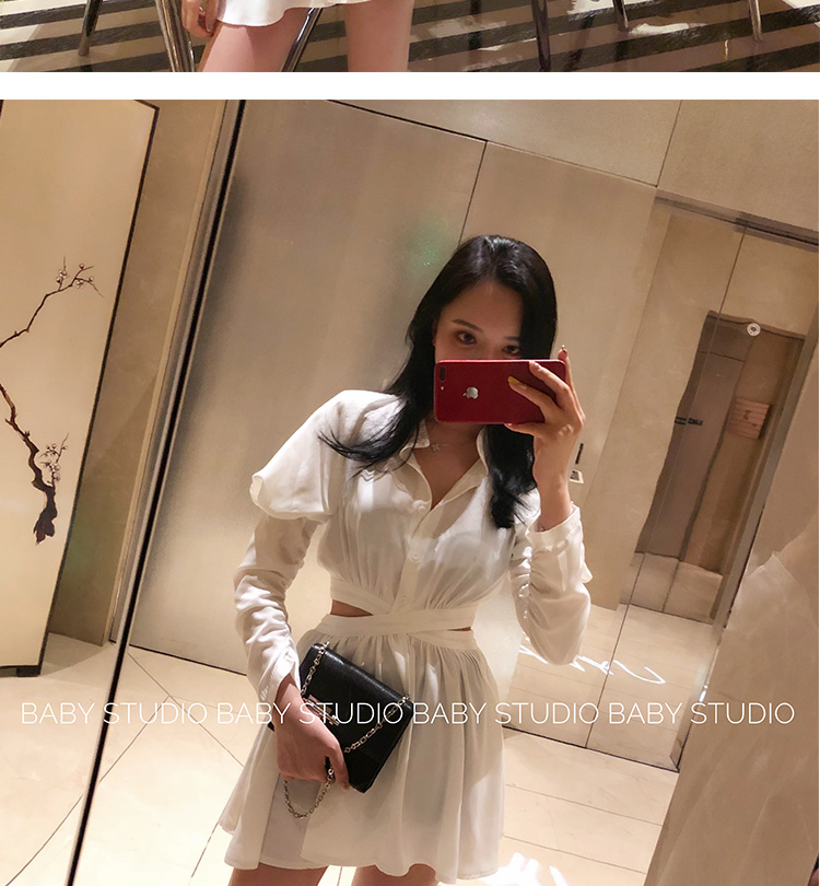 BGM Hồng Kông hương vị váy sơ mi nữ 2018 mùa thu mới gợi cảm eo thon retro tay áo dài tay áo 	váy siết eo