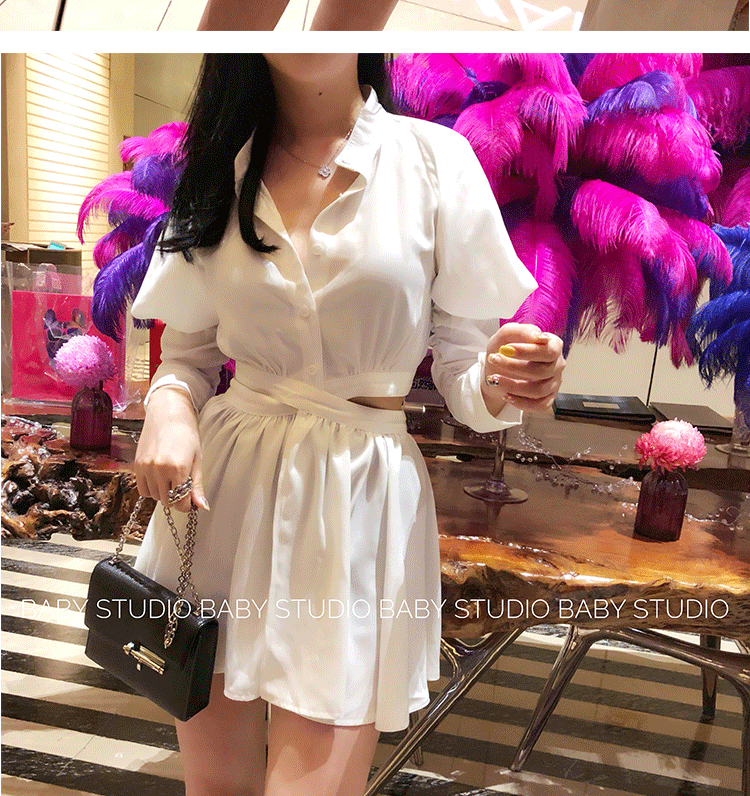 BGM Hồng Kông hương vị váy sơ mi nữ 2018 mùa thu mới gợi cảm eo thon retro tay áo dài tay áo 	váy siết eo