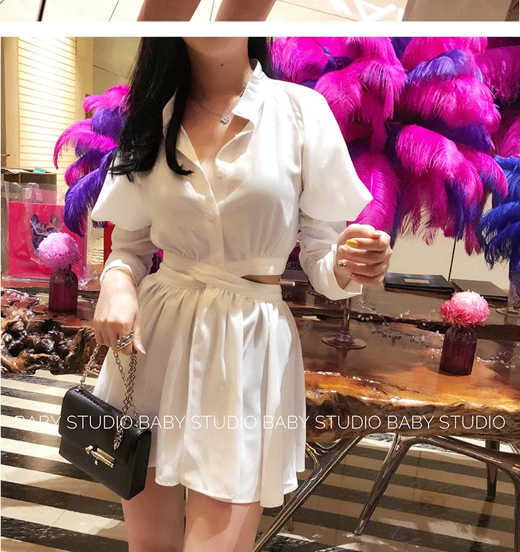 BGM Hồng Kông hương vị váy sơ mi nữ 2018 mùa thu mới gợi cảm eo thon retro tay áo dài tay áo 	váy hạ eo xếp ly	