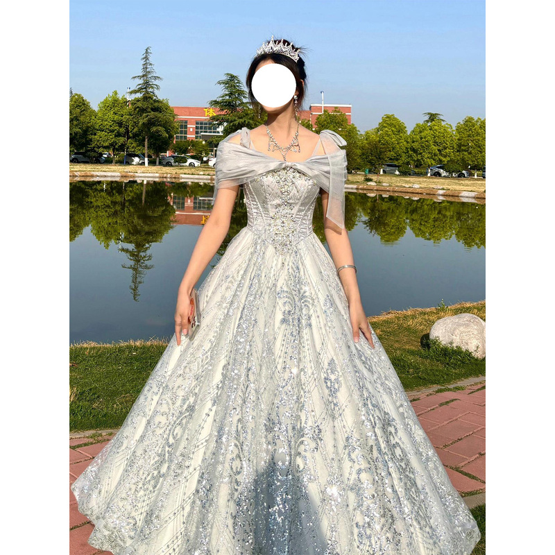 One-Shoulder Sparkling Lolita Dress Evening Gown High-End Light Luxury Niche Student Day Coming-Of-Age Ceremony Lolita Princess Dress