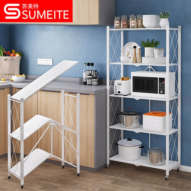 Installation-free folding rack home kitchen shelf rack with wheeled trolley rack five-layer white