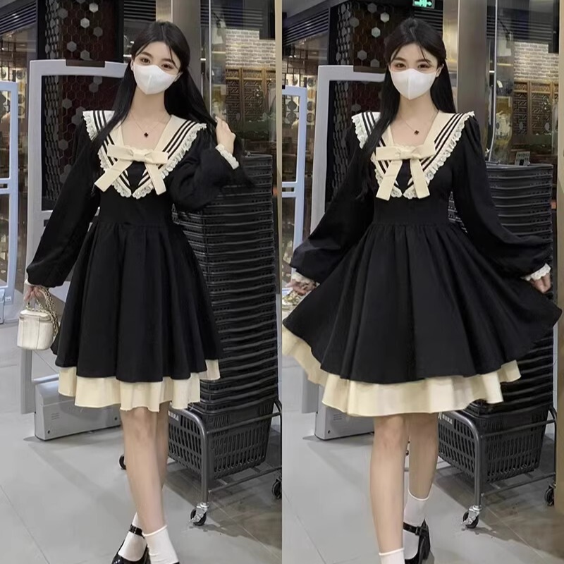 Plus Size Slimming Sailor Collar Long-Sleeve Hepburn Style Dress Autumn New Women's Tutu Skirt Fat mm Black Skirt