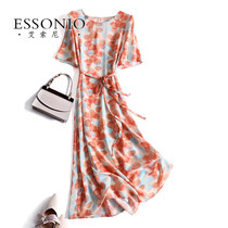 ESCONIO European station high-end temperament retro mulberry silk tea break skirt hidden meat thin silk floral dress