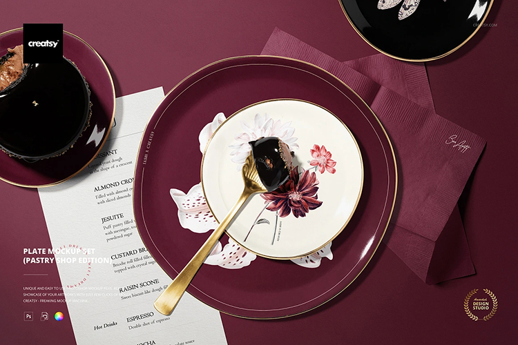 下午茶餐具甜品西餐碟盘子印花图案设计vi展示效果图psd样机素材-cg男孩
