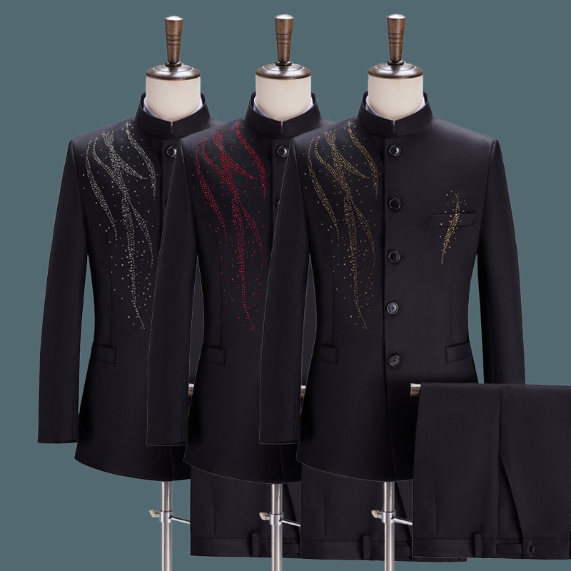 Zhongshan Suit for Young Men, Performance Attire, Chinese Stand-Up Collar Chorus Suit, Chinese Style Banquet Host Singer Performance Dress