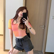 2021 summer ins rainbow knit top short sleeve T-shirt Ice Silk slim low neck top slim slim striped female
