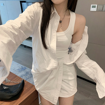 2021 spring and summer new more wear fake two shirt vest irregular dress wind off-shoulder coat women