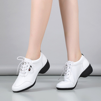 White leather dance shoes female soft soles tied square dance shoes in modern jazz dance shoes