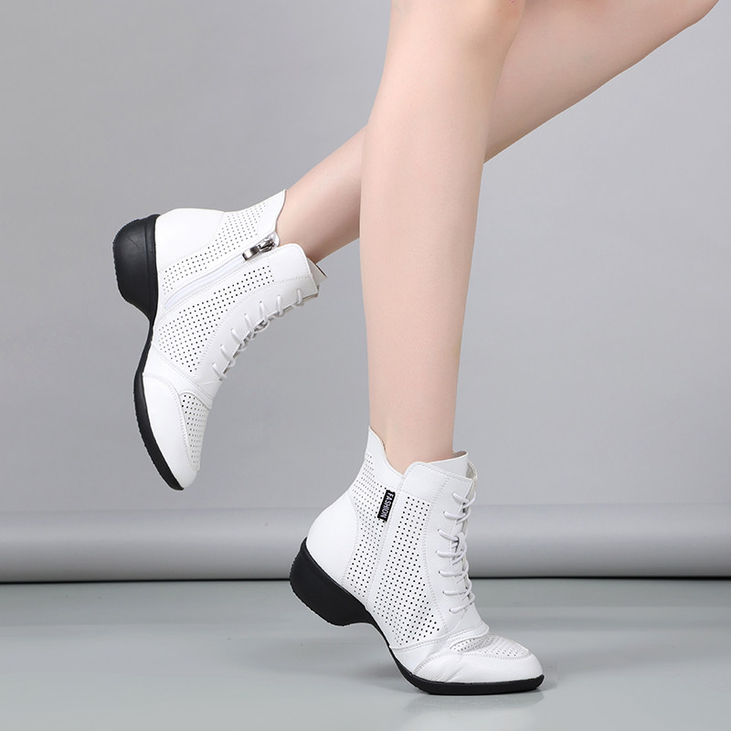White leather dance shoes women's soft sole breathable square dance shoes mid-heel modern jazz dance shoes sailor dance women's shoes