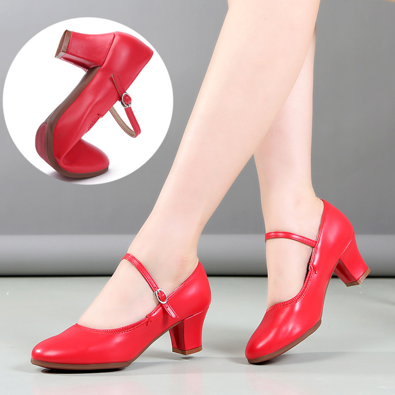 Four Seasons Red Friendship Dance Shoes Female Soft Sole Middle Heel High Heel Square Dance Dance Shoes Adult Belt Heel Latin Dance Shoes