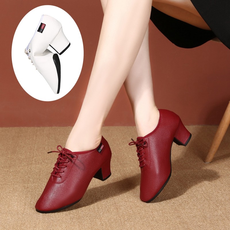 Professional Latin dance shoes women's high-heeled red leather dance shoes soft-soled mid-heel teacher shoes square dance dancing shoes