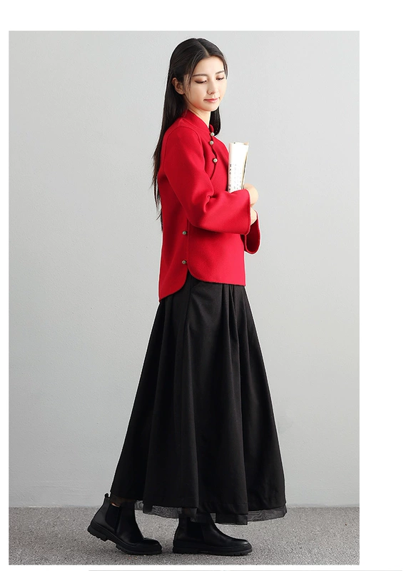 Mùa thu và mùa đông Hanfu phụ nữ phục vụ trà phong cách quốc gia nghệ thuật retro áo len ngắn váy nữ váy hai mảnh áo khoác nữ trung niên