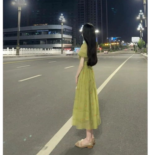 Зеленый корсет, летнее платье, юбка, французский стиль, квадратный вырез, изысканный стиль