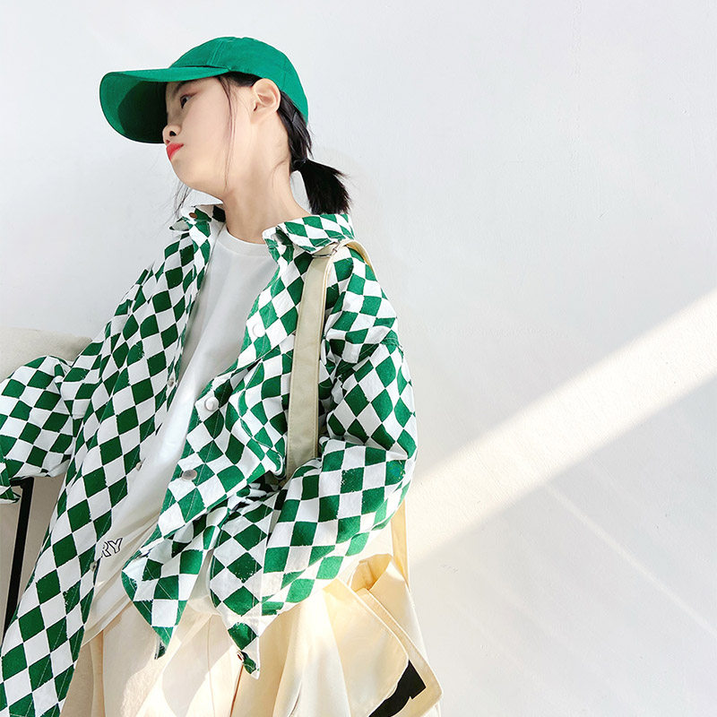 Girl Shirt Jacket 2022 New Spring Dress Children Plaid Tide Card Jacket Capsized Boy Han Edition Shirt