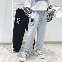 Girls casual pants sweatpants 2021 spring Korean childrens clothing love pants Childrens loose sports pants spring and autumn fashion