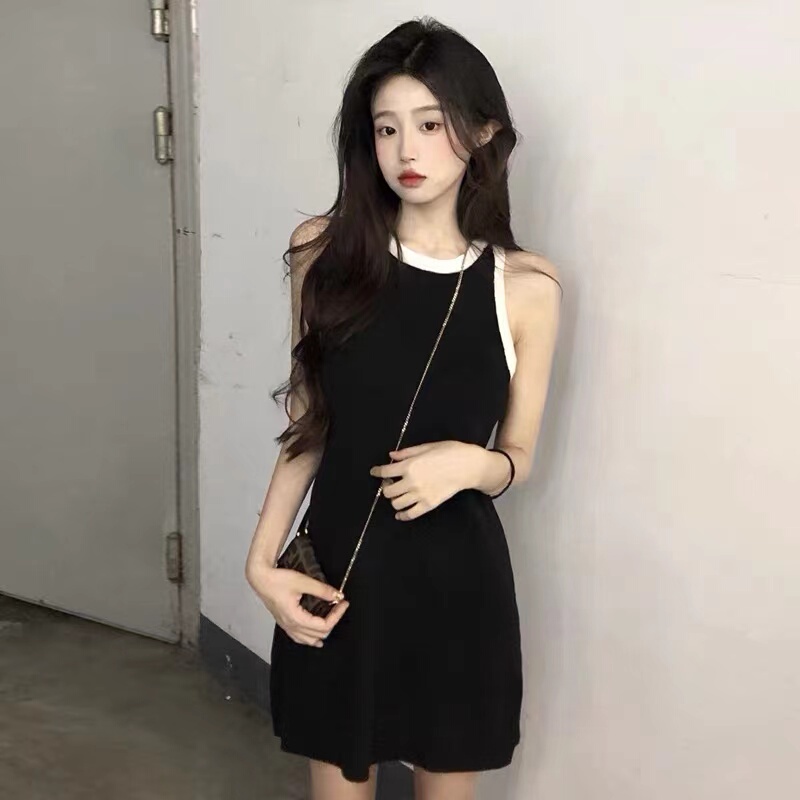 Black Sleeveless Pure Cotton Tank Dress Summer Slim Fit Slimming Hot Girl Casual A-Line Short Skirt