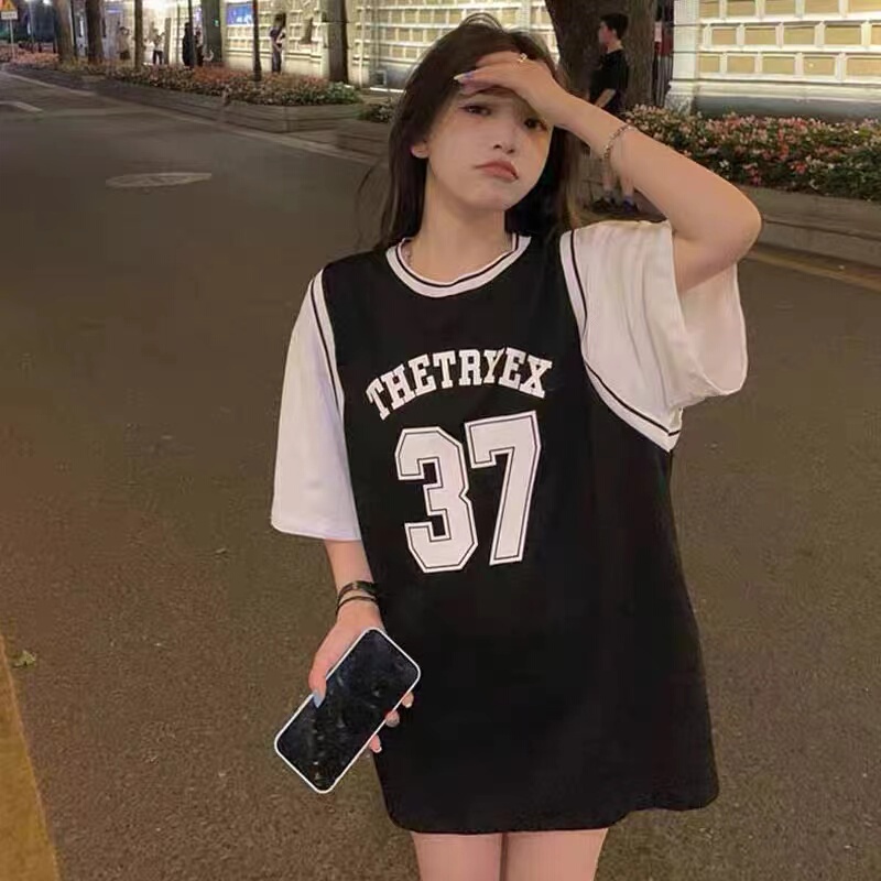Fake Two-Piece Basketball Jersey Black T-Shirt for Women, Summer Short-Sleeved, Mid-Length, Loose Fit, Plus Size, Pure Cotton Jersey Outerwear Top