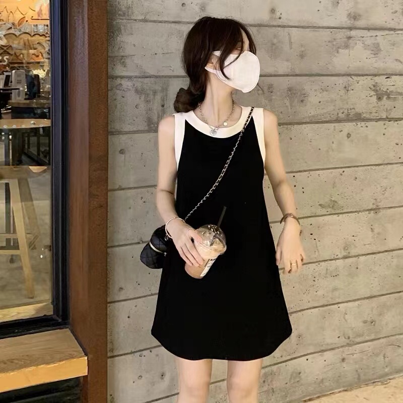 Trendy Color-Blocked Round-Neck Sleeveless Dress for Women, Spring and Summer Inner Wear, Loose-Fitting Cropped Tank Dress for Petite Figures, A-Line Dress Trendy Color-Blocked Round-Neck Sleeveless Dress for Women, Spring and Summer Inner Wear, Loose-Fitting Cropped Tank Dress for Petite Figures, A-Line Dress