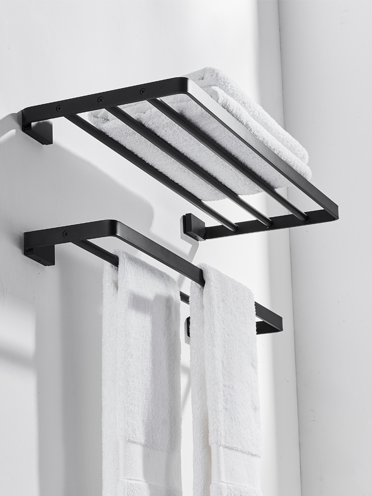 Nordic black towel rack Simple non-perforated single-layer bath towel rack Toilet shelf Bathroom hardware pendant set