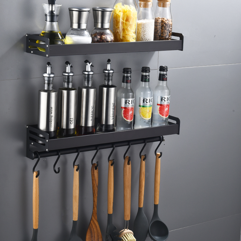 Black Kitchen Shelve Wall-mounted free Punched Seasonings Containing layer Shelf Multi-functional aluminum alloy Cuisine hardware Pendant