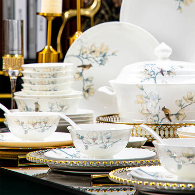 Birdsong and Flower Fragrance DIY Underglaze Color Bowls and plates Set, Jingdezhen high-temperature bowls and plates, simple household bone China bowls, moving in