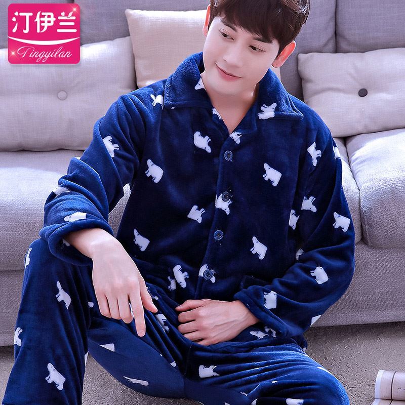 Winter pajamamens bộ bông mùa đông mùa thu dài tay áo và các mô hình mùa đông cộng với mens đất nhung ấm dày nhung san hô bông len.