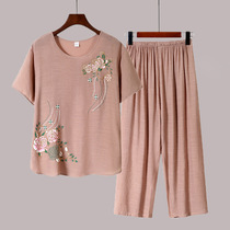 Mom summer middle-aged short-sleeved summer two-piece set middle-aged nv shui yi cotton suit mother dress elderly womens clothing