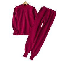 Middle Aged Lady High Collar Warm Underwear Triple Clip Cotton Autumn Clothes Autumn Pants Red Full Cotton Thickened Without Suede Suit
