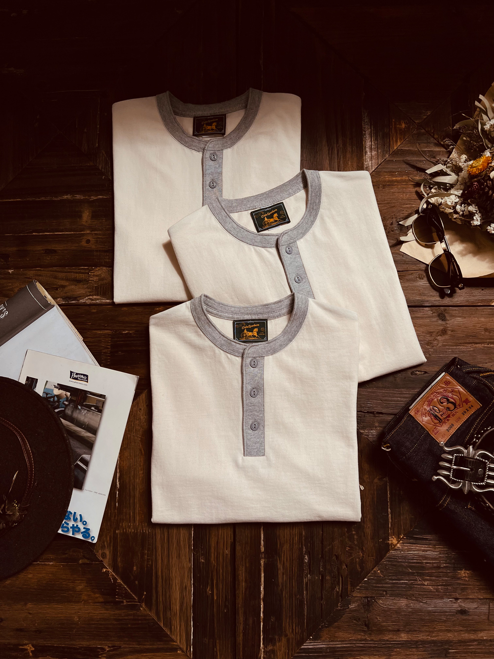 American retro 30s 7 8oz265 grams pure cotton heavy weight seamless barrel Henry collar Summer short sleeve T-shirt-Taobao