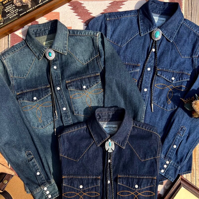 American Retro Heavyweight Long-Sleeved Shirt with Classic Pocket Flower and Gemstone Buttons, Western Cowboy Men's Slim-Fit Shirt
