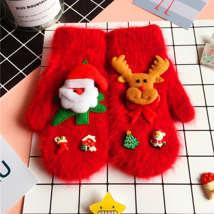 Gloves female winter cute plus velvet thick cotton warm Korean student cartoon winter red Christmas rabbit hair gloves