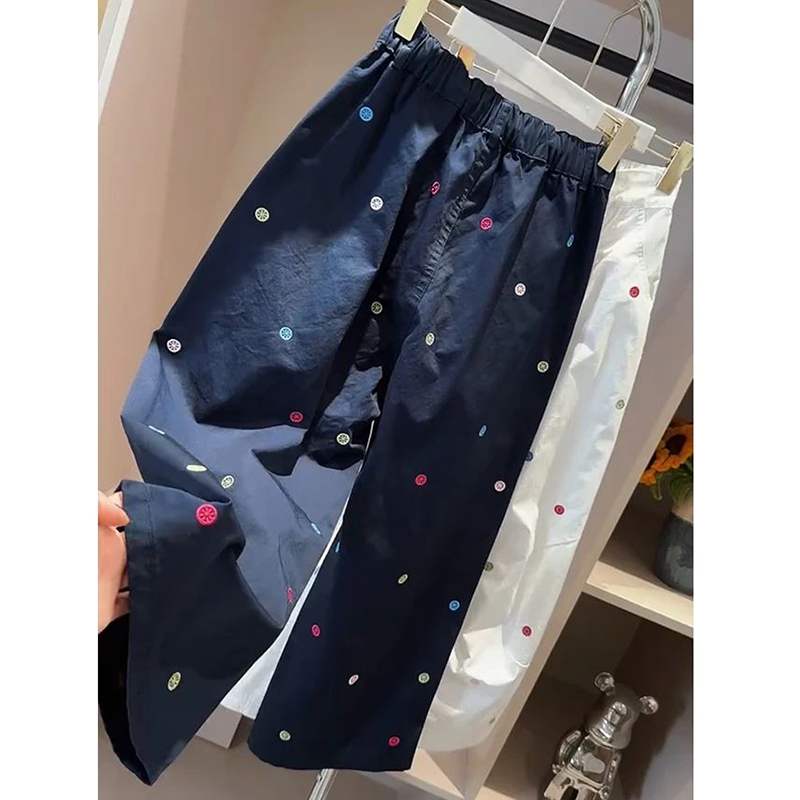 European-Style Polka Dot Curved Hem Casual Pants for Women, Summer Thin Large Size Pear-Shaped Body Petite Narrow Nine-Point Wide-Leg Pants
