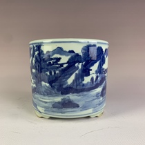 Antique porcelain hand-painted blue and white landscape figures three-legged pen holder incense burner antique porcelain antique collection