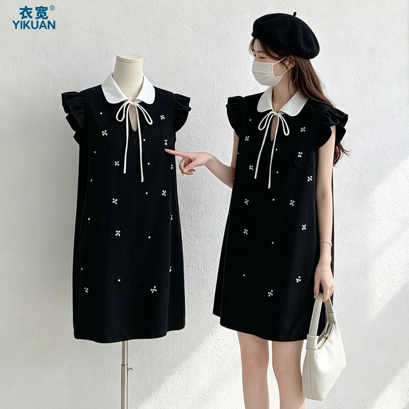 French Sweet Style Doll Collar Flutter Sleeve Beaded Dress Black A-Line Skirt for Slightly Chubby Women, Age-Reducing Plus-Size Dress