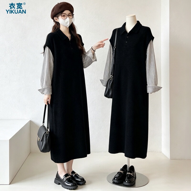 Korean Style 2026 Autumn New Plus-Size Women's Clothing, Slightly Chubby Polo Collar Long Dress, Fake Two-Piece Loose and Slimming Dress Korean Style 2026 Autumn New Plus-Size Women's Clothing, Slightly Chubby Polo Collar Long Dress, Fake Two-Piece Loose and Slimming Dress