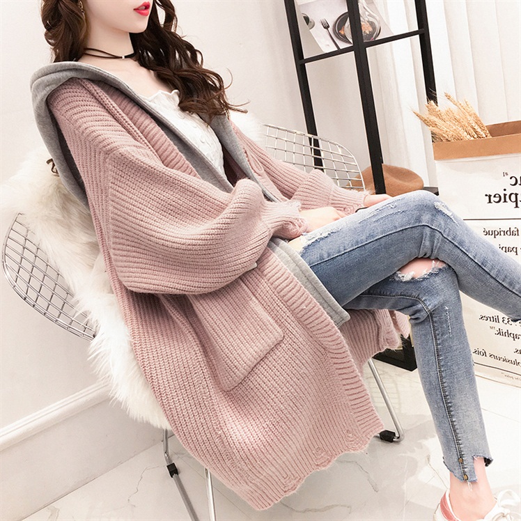 2022 autumn and winter new large size women's fat mm casual mid-length version thickened lazy wind hooded cardigan sweater coat