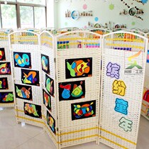Rattan wood folding screen childrens decoration simple classroom fence folding kindergarten partition small screen custom size