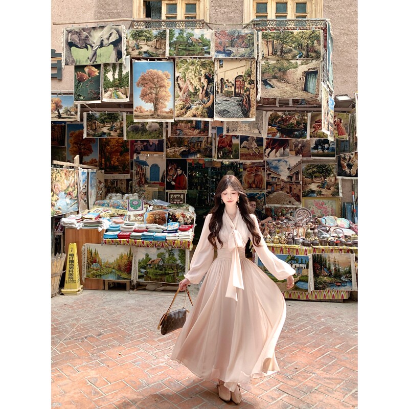 White Silk Road Soft Shadow French Gentle Style Long Sleeve Elegant Ribbon Waist Slimming Long Skirt Flared Dress