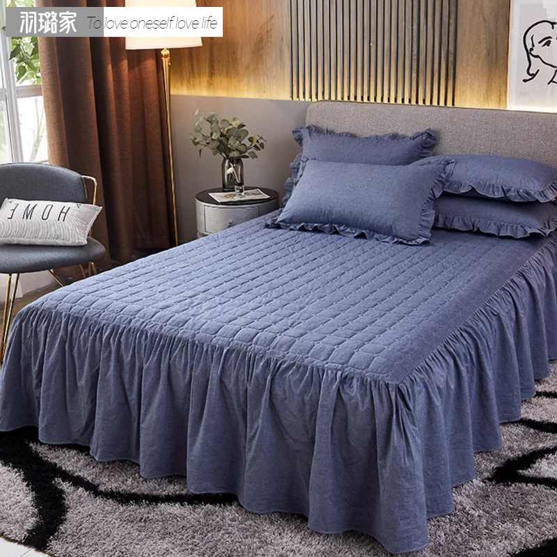 100% whole cotton washed cotton pure color bed cover skirt type single piece pure cotton non-slip thickened bed jacket clip cotton bed skirt three sets-Taobao