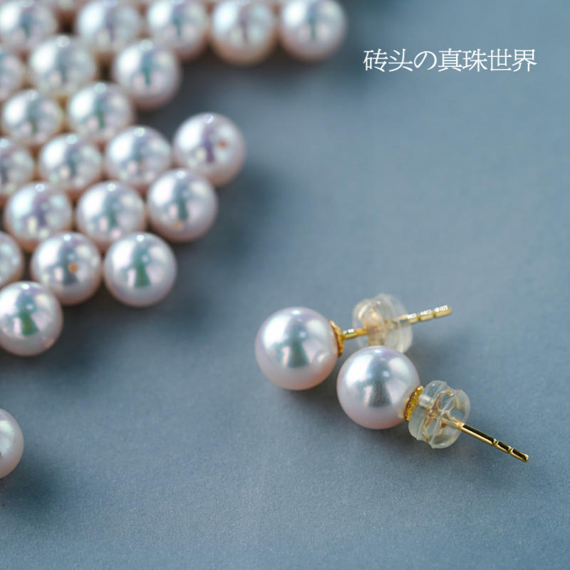 Now) Cherry pollen ear needle sweet lift color color gentle commute 18k golden akoya pearl earrings