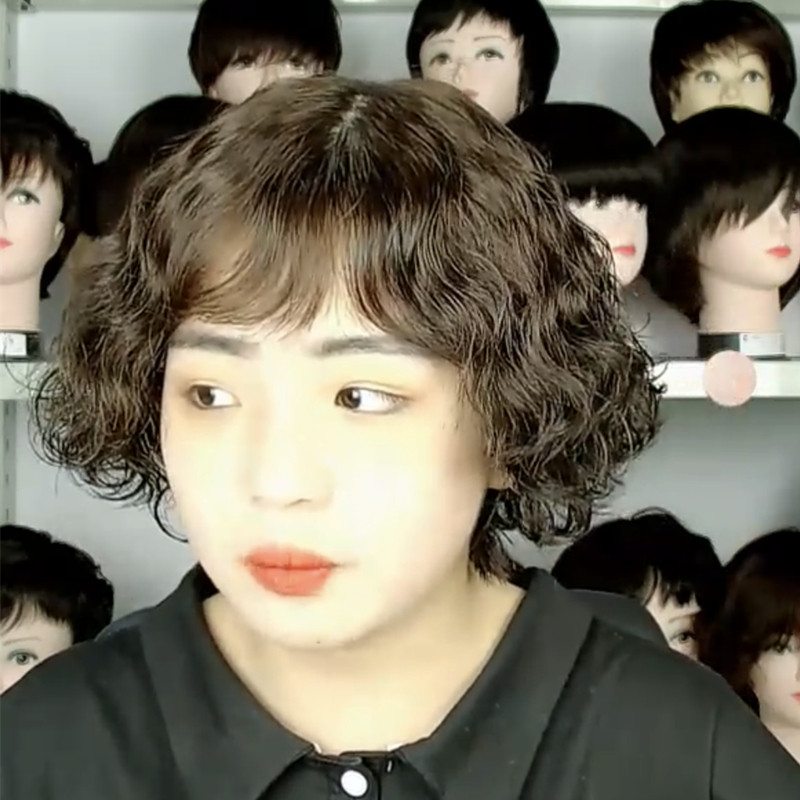 Middle-aged and elderly mother wigs full real hair full hand knitted headgear short curly hair needle craft oblique bangs fluffy fashion