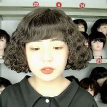 Full hand-woven real hair wig Female Qi ear short curly hair Middle-aged mother short hair Full headgear oblique bangs simulation scalp